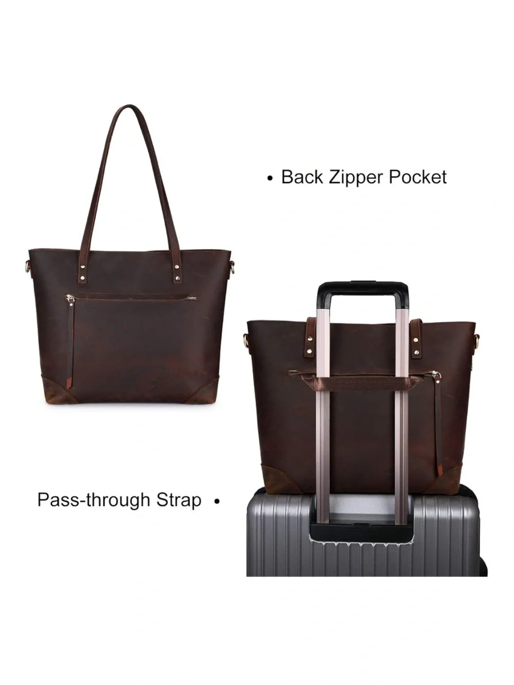 S-ZONE Dark Brown Vintage Genuine Leather Shoulder Bag Large Work Tote